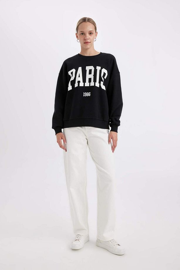 Loose Fit Bisiklet Yaka Baskılı Kalın Siyah Sweatshirt C7810AX24WN - 2