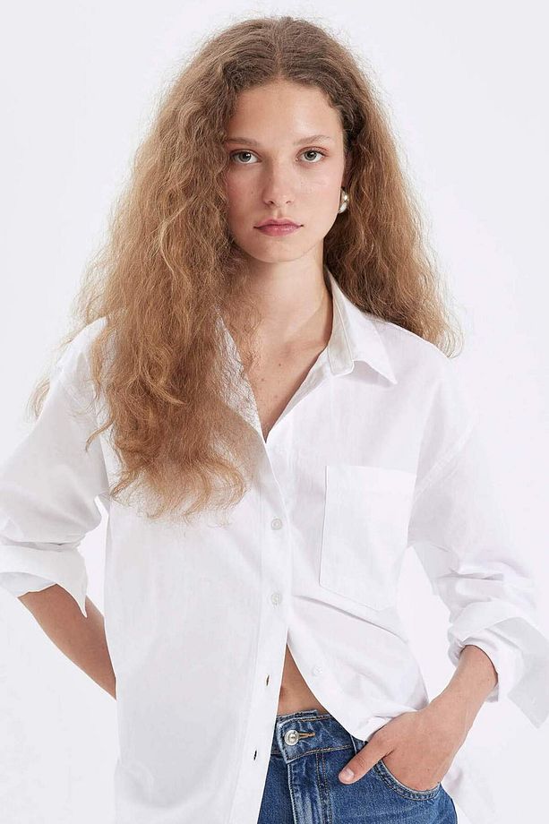 Oversize Geniş Kalıp Basic Düz Düğmeli Poplin Uzun Kollu Gömlek U7763AZ24AU - 1