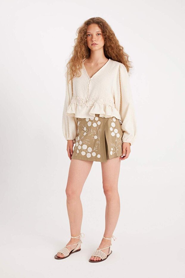 Manuka x Keten Karışımlı Nakışlı Mini Şort Etek D4369AX24HS - 5