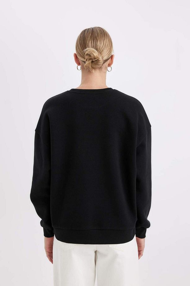 Loose Fit Bisiklet Yaka Baskılı Kalın Siyah Sweatshirt C7810AX24WN - 5