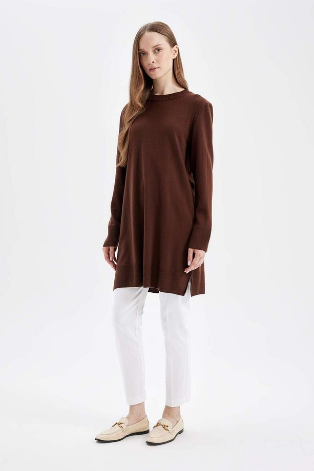 Regular Fit Bisiklet Yaka Yırtmaçlı Basic Düz Kazak Tunik H3431AZ24AU - 2