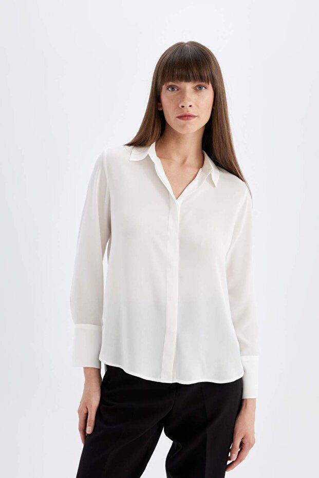 Regular Fit Basic Düz Krep Dokuma Uzun Kollu Beyaz Gömlek D3151AX24AU - 3