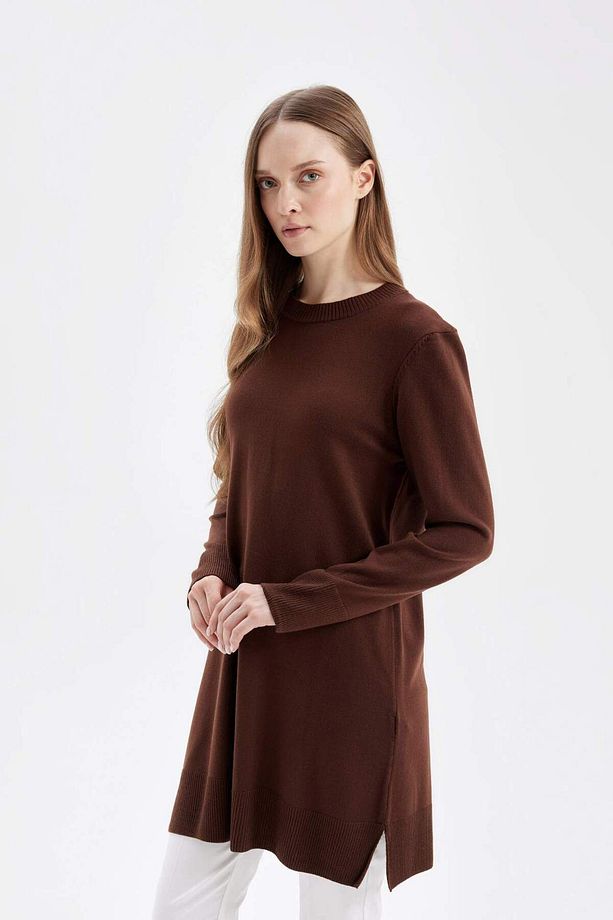 Regular Fit Bisiklet Yaka Yırtmaçlı Basic Düz Kazak Tunik H3431AZ24AU - 3
