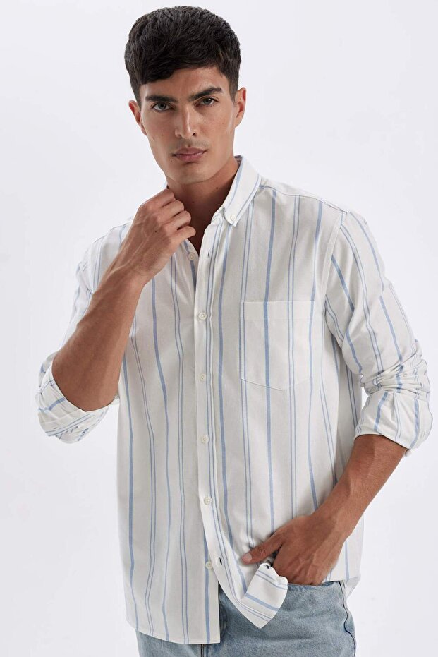 Regular Fit Oxford Button Polo Neck Striped Cotton Long Sleeve Shirt D3500Ax24Au