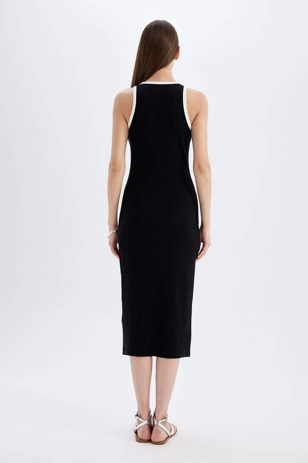 Bodycon Vücudu Saran Basic Düz Fitilli Kaşkorse Kolsuz Midi Elbise D5302AX24HS - 5