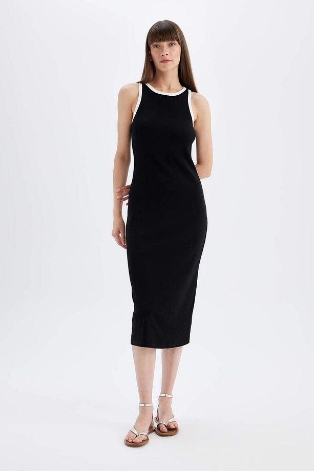Bodycon Vücudu Saran Basic Düz Fitilli Kaşkorse Kolsuz Midi Elbise D5302AX24HS - 2