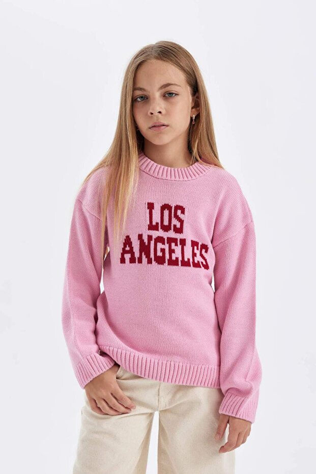 Girl's Oversize Wide Fit Crew Neck Written Patterned Knitwear Sweater C6904A824Au