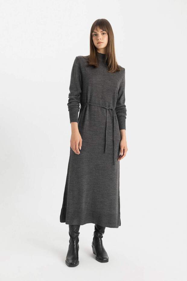 Regular Fit Half Turtleneck Basic ίσιο μακρυμάνικο μάξι πλεκτό φόρεμα A9807AX24WN - 2
