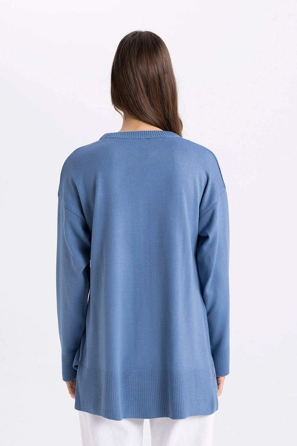 Regular Fit Bisiklet Yaka Yırtmaçlı Basic Düz Triko Kazak Tunik C5165AX24AU - 6