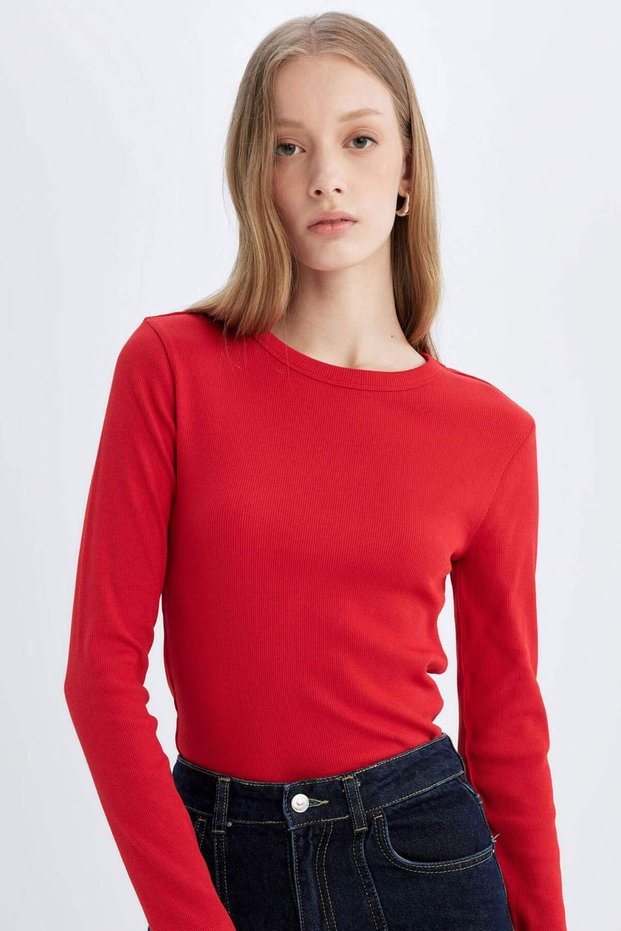 Slim Fit Tight Fit Crew Neck Ribbed Camisole Basic Plain Long Sleeve T-Shirt C7516Ax24Au
