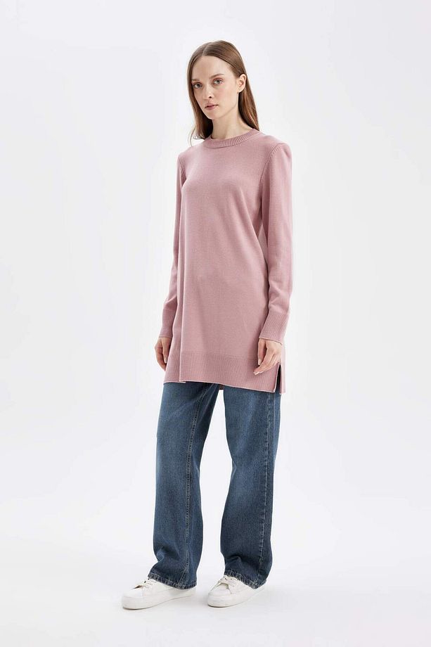Regular Fit Bisiklet Yaka Yırtmaçlı Basic Düz Kazak Tunik H3431AZ24AU - 2