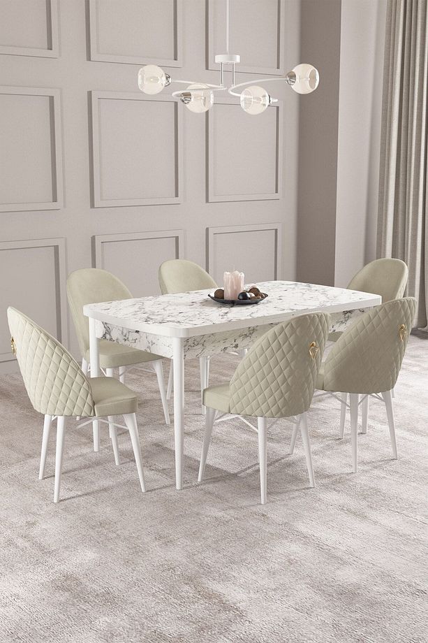 Calvin Beyaz Mermer Desen 80x132 Mdf Açılabilir Mutfak Masası Takımı 6 Adet Sandalye - 1
