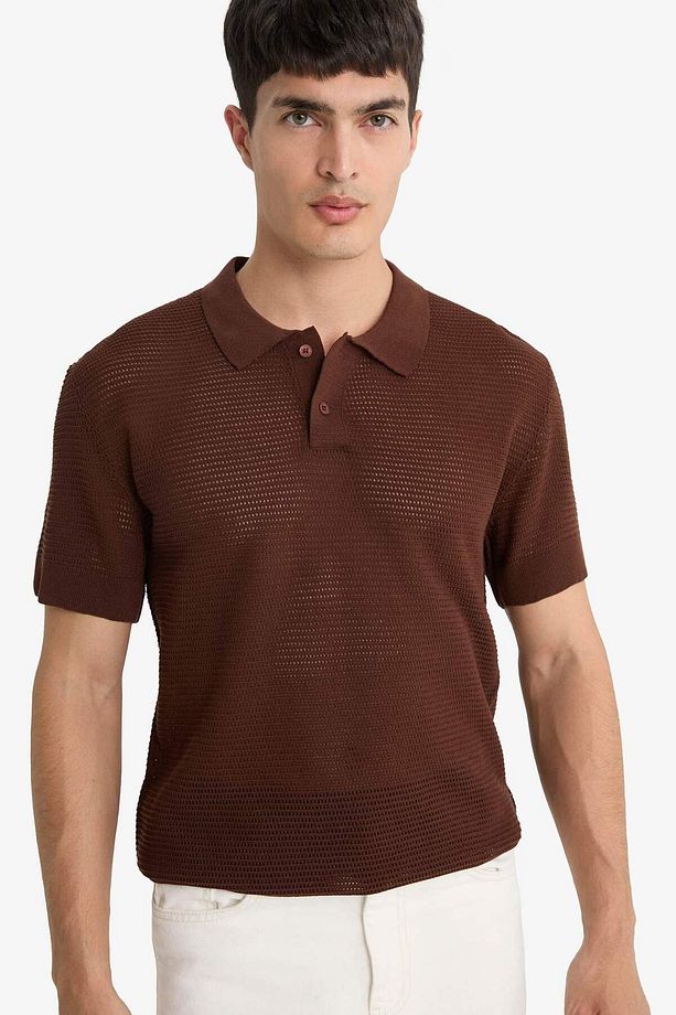 Standart Fit Normal Kesim Basic Düz Kısa Kollu Ajurlu Triko Polo Tişört C9582AX24SM - 3