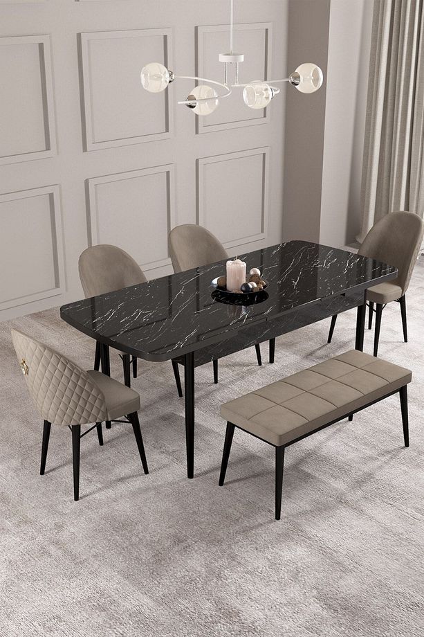 Calvin Siyah Mermer Desen 80x132 Mdf Açılabilir Mutfak Masası Takımı 4 Sandalye, 1 Bench - 2