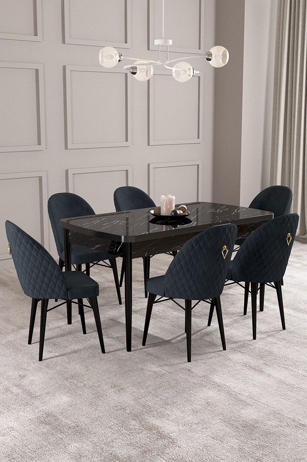 Calvin Siyah Mermer Desen 80x132 Mdf Açılabilir Mutfak Masası Takımı 6 Adet Sandalye - 1