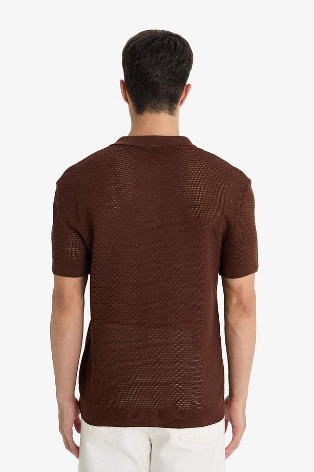 Standart Fit Normal Kesim Basic Düz Kısa Kollu Ajurlu Triko Polo Tişört C9582AX24SM - 6