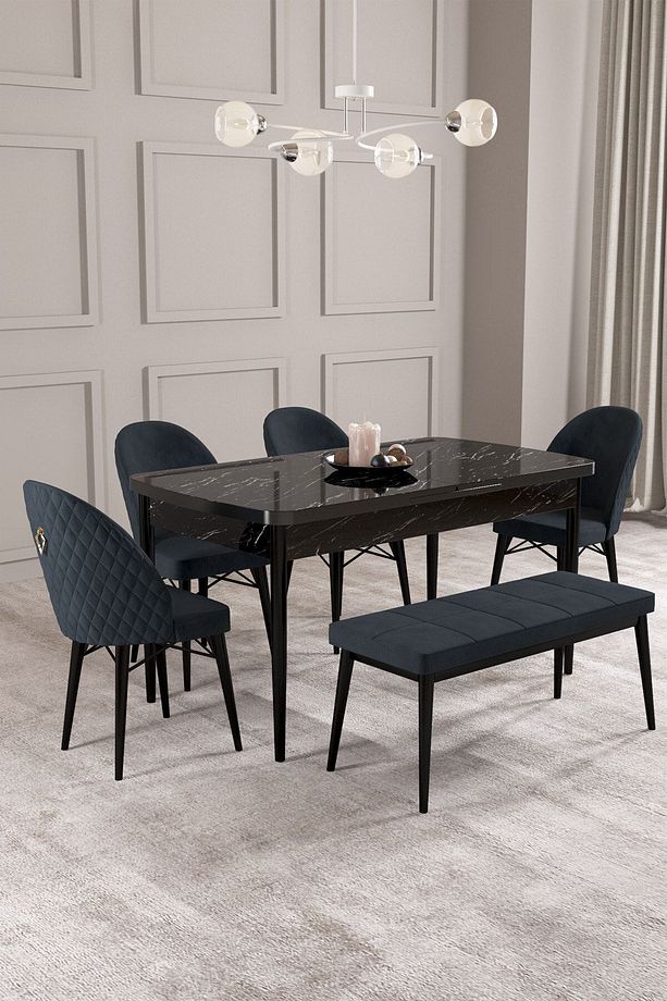 Calvin Siyah Mermer Desen 80x132 Mdf Açılabilir Mutfak Masası Takımı 4 Sandalye, 1 Bench - 1