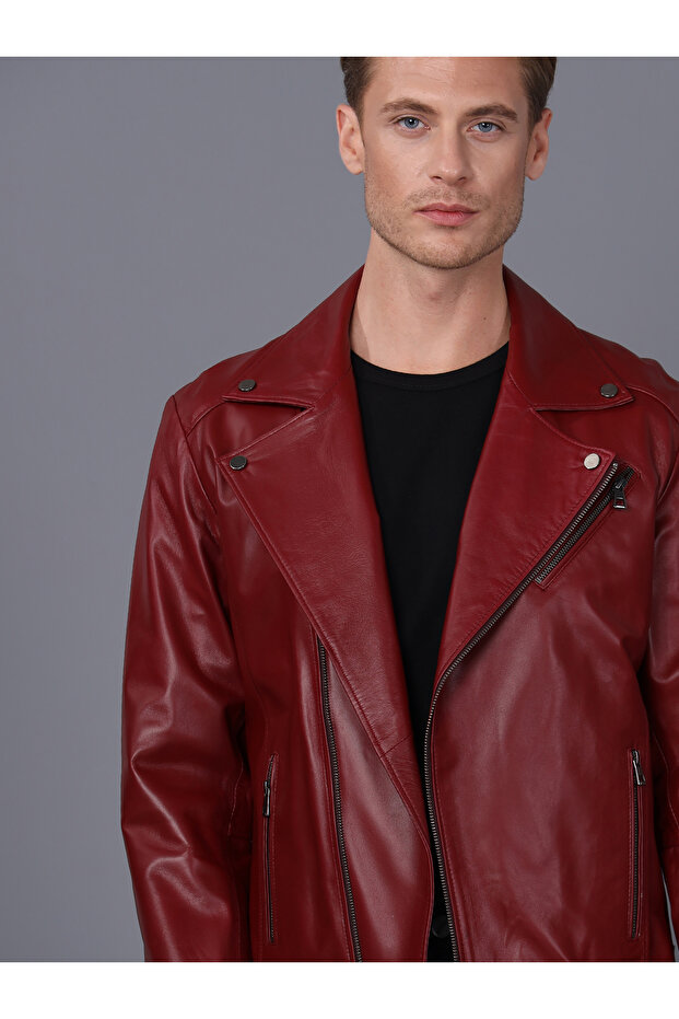 Erkek Biker Bordo Deri Ceket - E2021 - 3