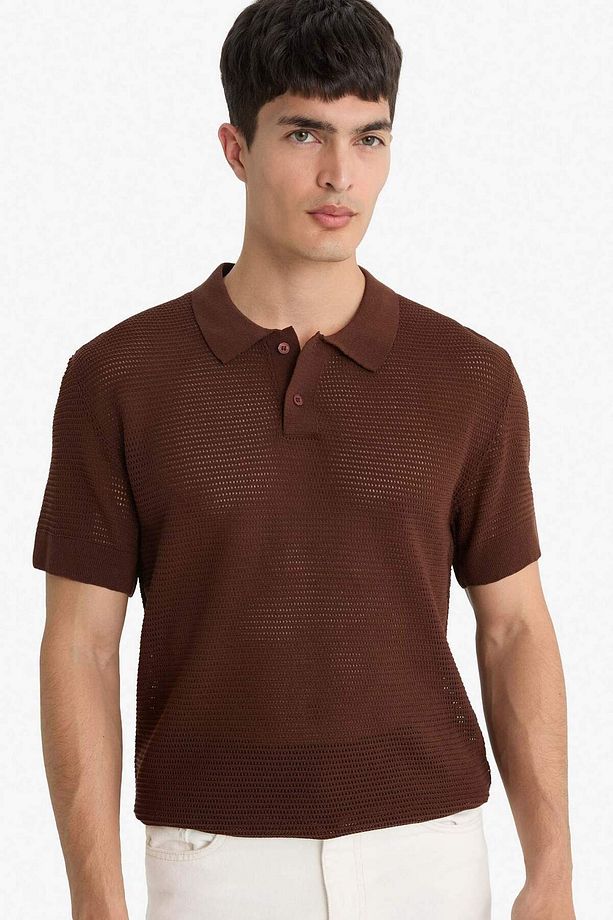 Standart Fit Normal Kesim Basic Düz Kısa Kollu Ajurlu Triko Polo Tişört C9582AX24SM - 1