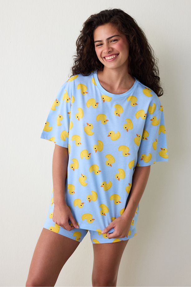 Açık Mavi Cuteness Bisiklet Yaka Kısa Kollu Şortlu Pijama Takımı - 1