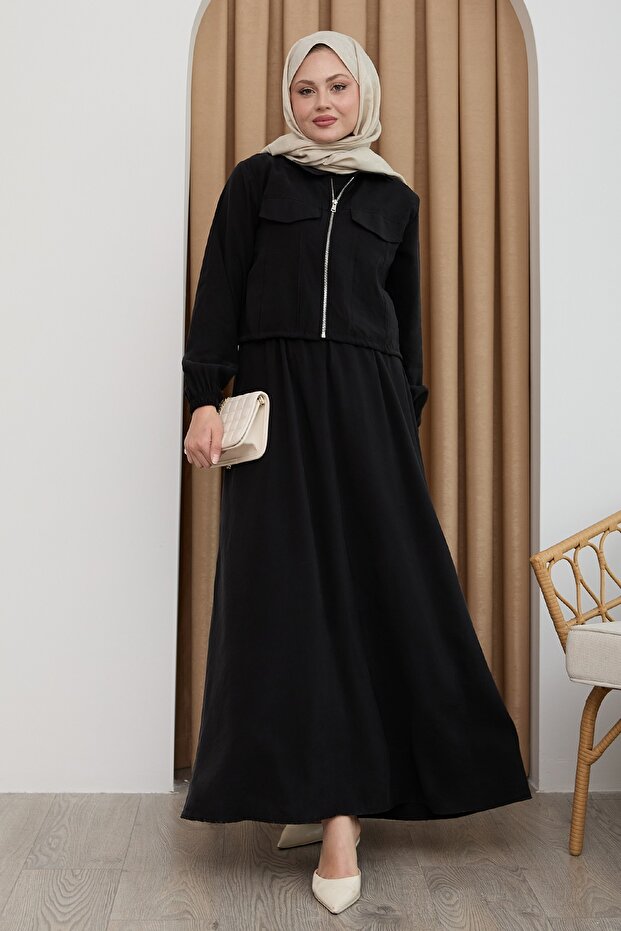 Jacketed Zipper Dress Black