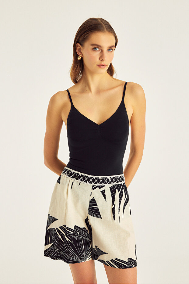 Desenli Keten Şort - 3