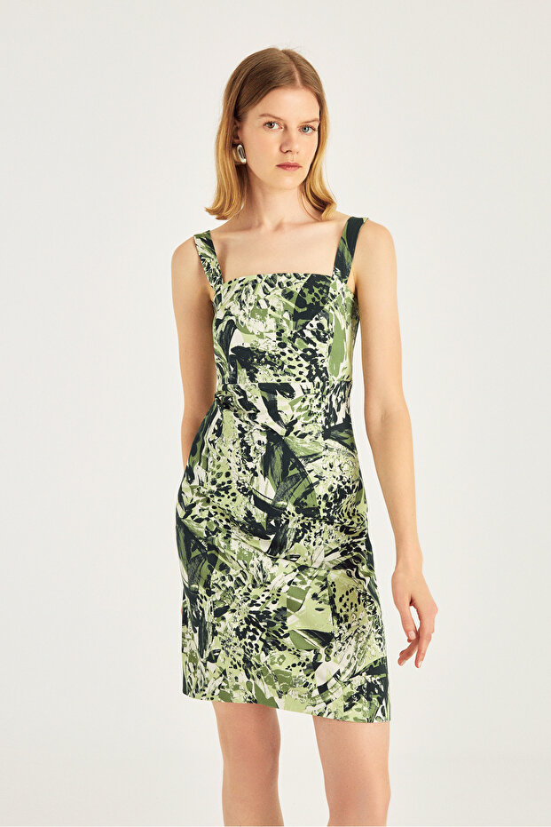 Desenli Askılı Elbise - 4