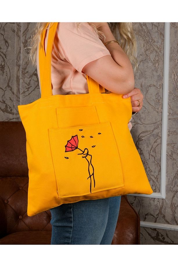 Butikmutik-şemsiyeli Kadın Nakış Işlemeli Sarı Renk Fermuarlı Kanvas Bez Çanta Ve Cüzdan - 5