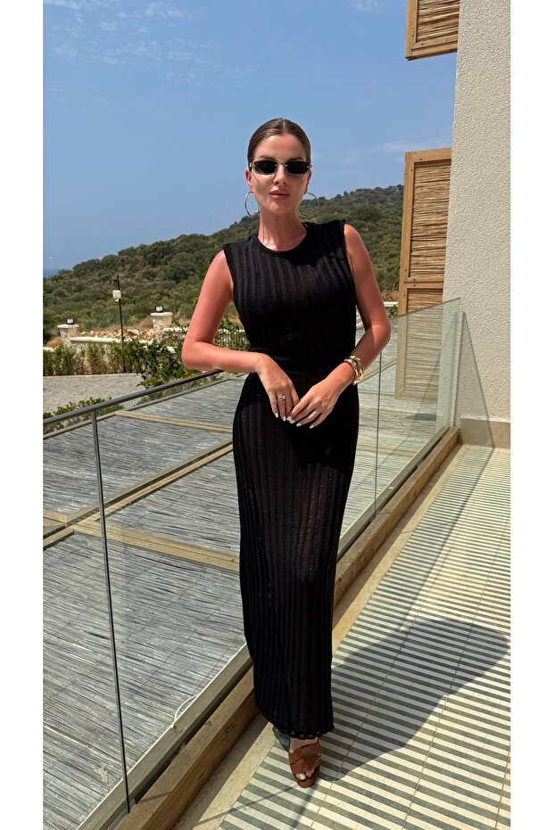Black Crew Neck Sleeveless Openwork Maxi Length Summer Dress