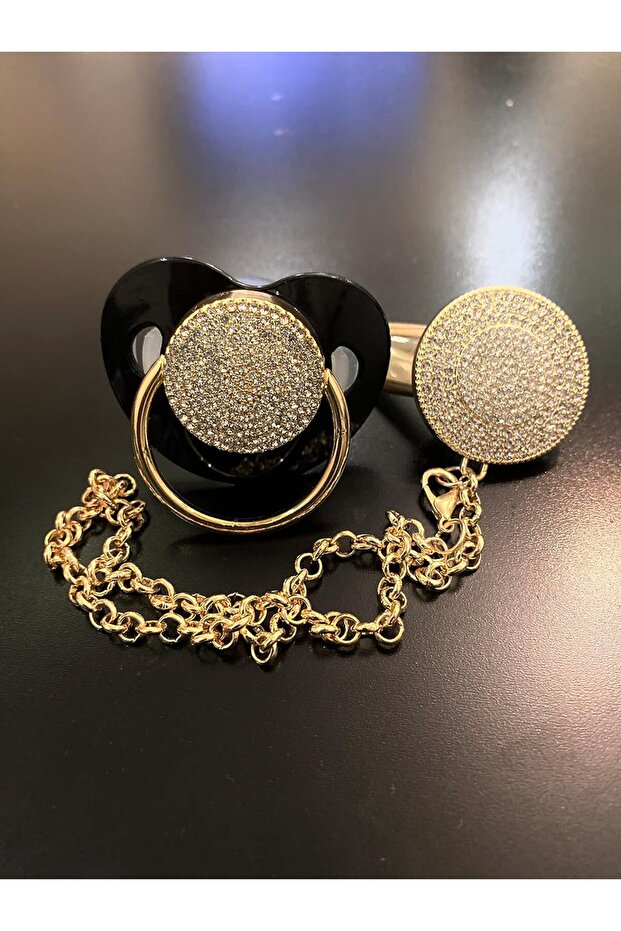 Crystal Stone Baby Black Silicone Pacifier and Chain Set (0-6 Months) Tysysh0020