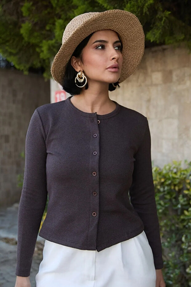 Basic Düğmeli Acı Kahve Waffle Hırka - 6