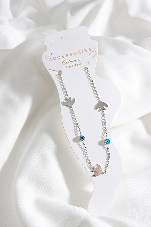 STEEL BIRD FIGURED EVIL EYE DETAIL SILVER ANKLE