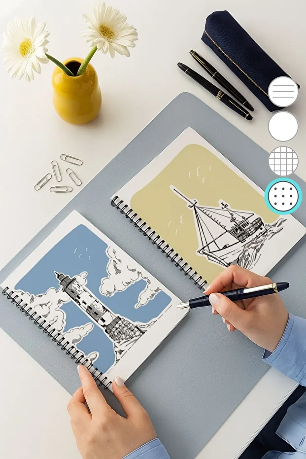2'li Noktalı Defter Seti, A5 Boyutunda 50 Yaprak 100 Sayfa 2'li Set, Deniz Fener - 1