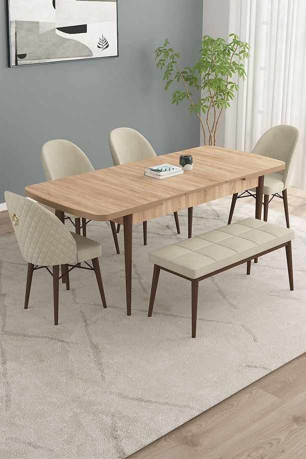Calvin Meşe Desen 80x132 Mdf Açılabilir Mutfak Masası Takımı 4 Sandalye, 1 Bench - 2