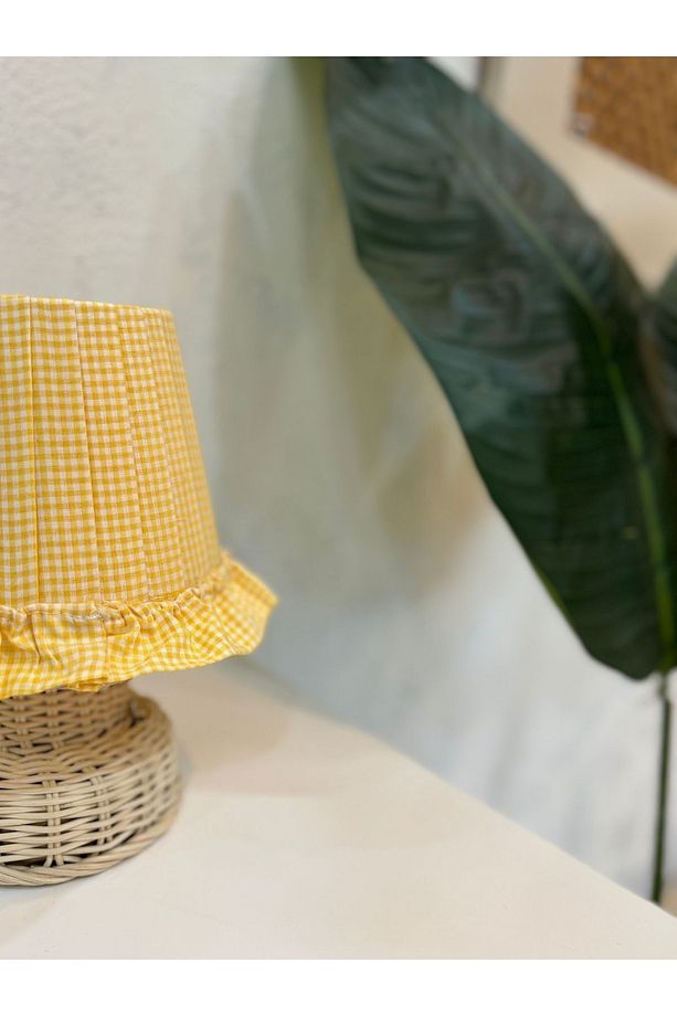 Sarı Pötikare Desen Kumaş Rattan Ayaklı Kablosuz Gece Masa Lambası - 7