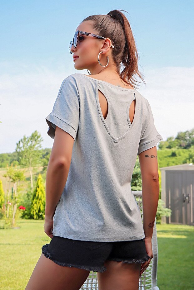 Boat Neck Back Detailed Short Sleeve Gray S