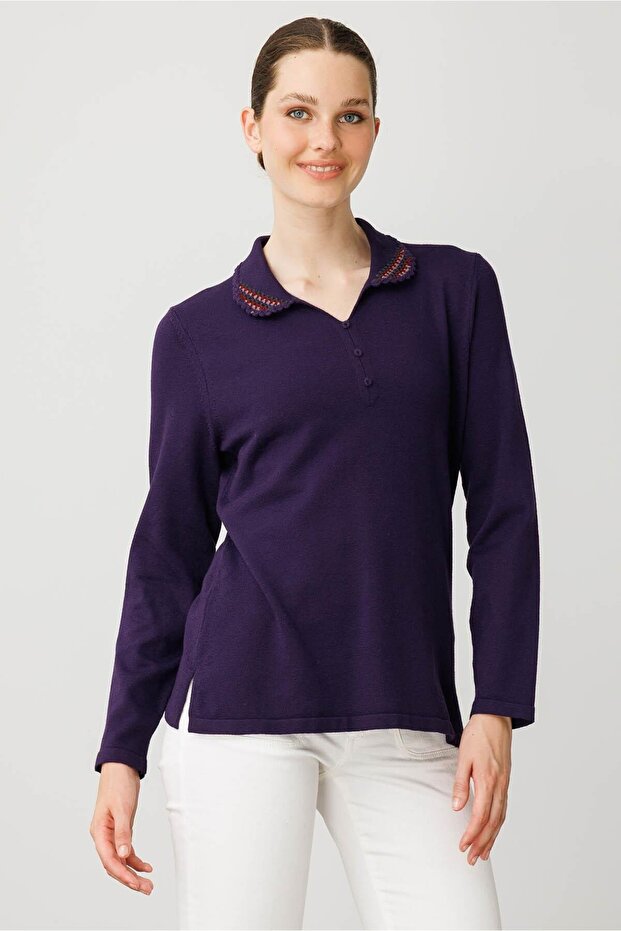 Women's Polo Neck Lycra Cotton Blouse K.Purple