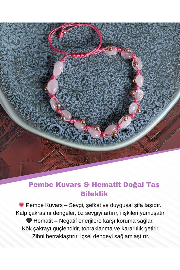 Certified Pink Quartz & Hematite Natural Stone Macrame Bracelet