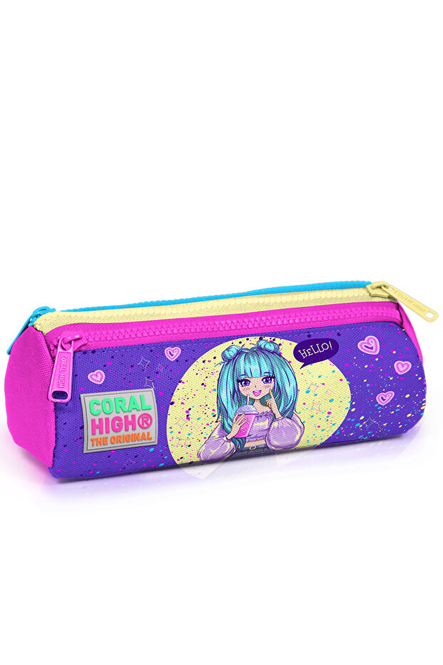 Kids Purple Pink Anime Girl Patterned Three Compartment Pencil Bag 22035