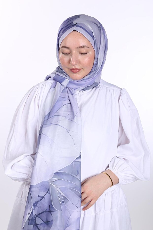 شال منقوش بأوراق الشجر باللون الأزرق الليلكي - دي لونا - 6