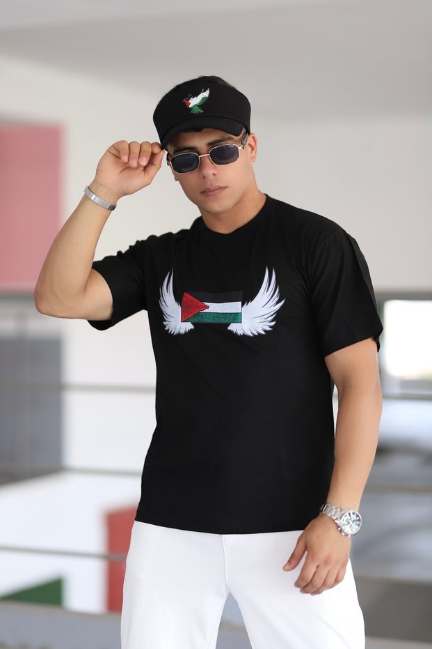 Palestine Flag, Black T-Shirt with Angel Wings