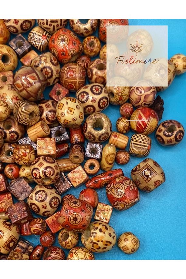 Ahşap Boncuk (50 Gram 70-80 Adet) Farklı Desen-Farklı Ölçü-Karışık-Tahta-Aksesuar-Renkli-Çeşit - 3