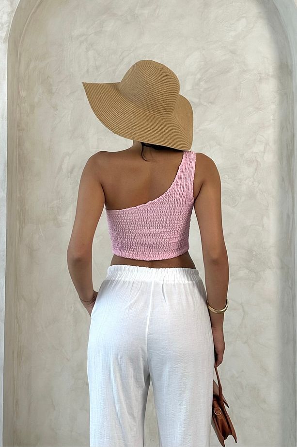 Bürümcük Kumaş Gipe Detaylı Tek Omuz Crop / Bluz - 5