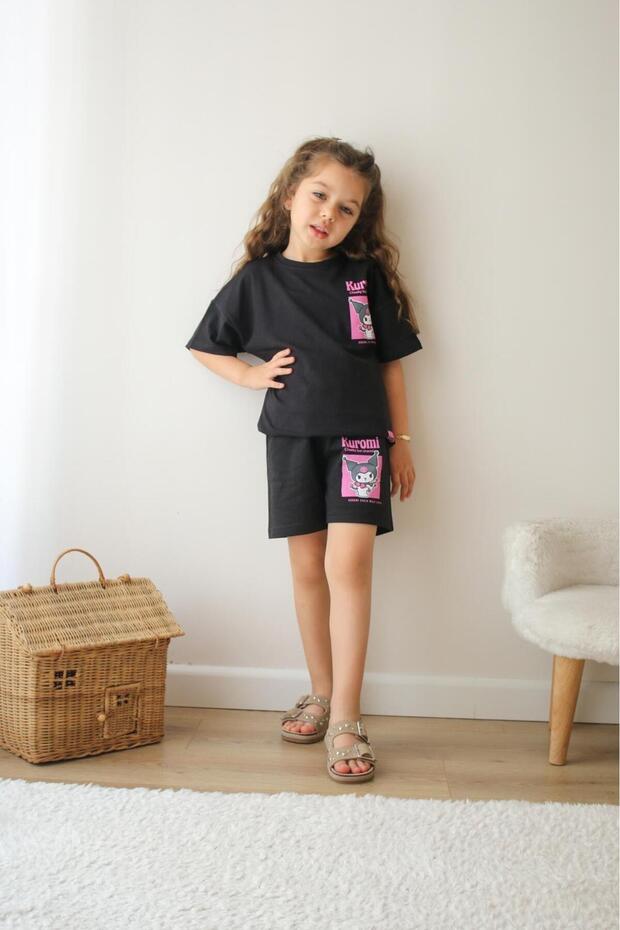 Girl's Kuromi Model Elastic Waist Lace-Up Cotton Fabric Black Bottom Top Shorts Set