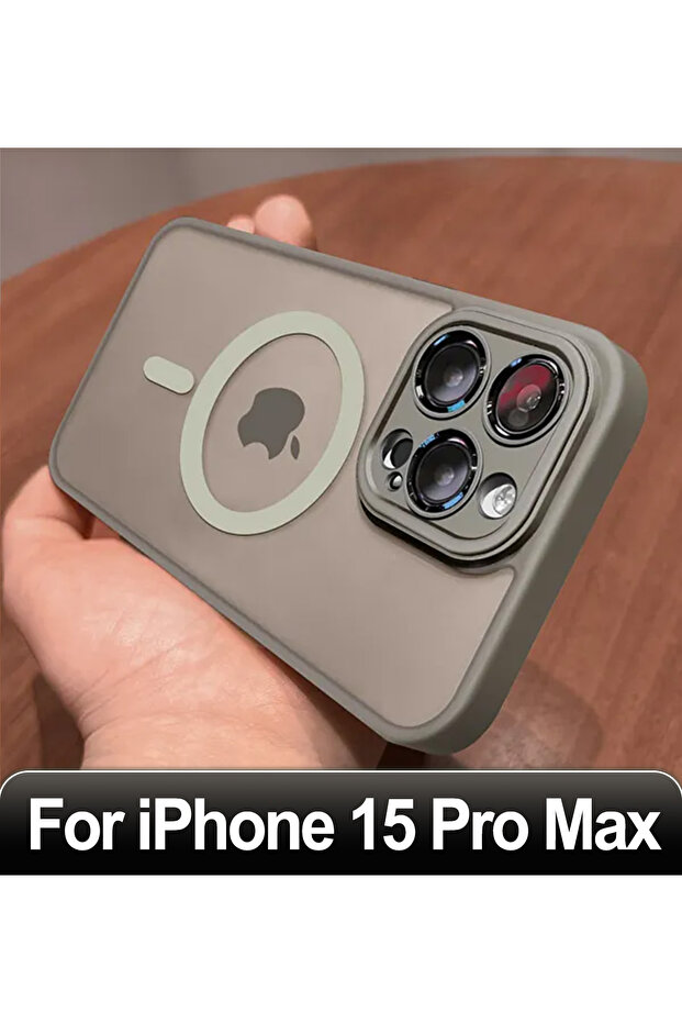 جراب شحن لاسلكي مغناطيسي مقاوم للصدمات لهاتف iPhone 15 Pro Max رمادي غير لامع