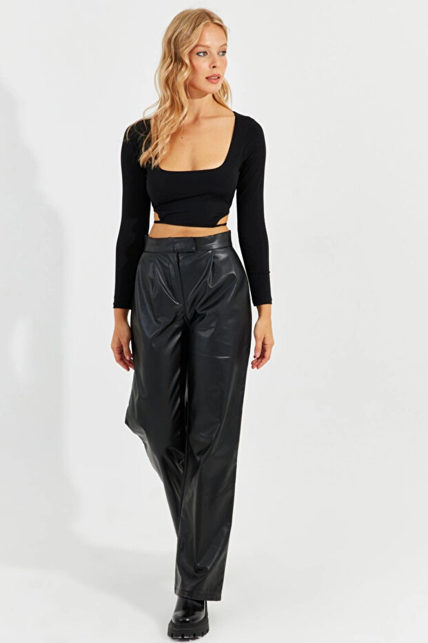Women's Black Velcro Leather Trousers ELA3088