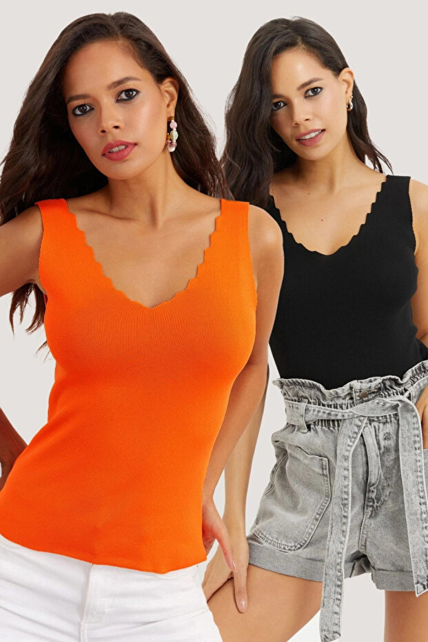 Women's Black-Orange Double Ladder Collar Knitwear Blouse YV123