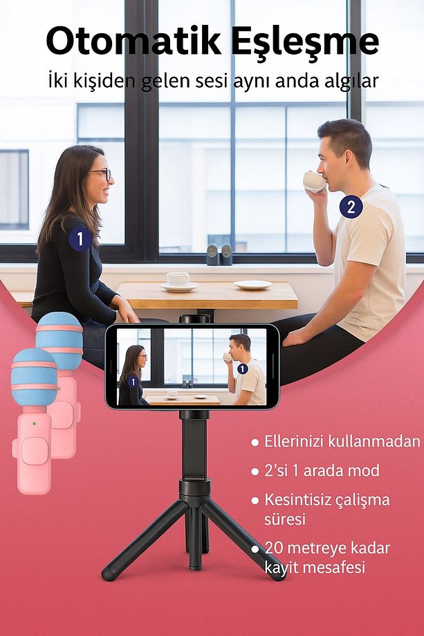 Kablosuz Tüylü Pembe Yaka Mikrofonu Type-C ve Apple Girişli 2’li Set Bluetooth 5.0 - 2