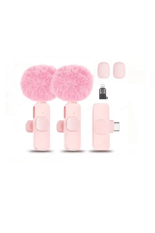 Kablosuz Tüylü Pembe Yaka Mikrofonu Type-C ve Apple Girişli 2’li Set Bluetooth 5.0 - 5