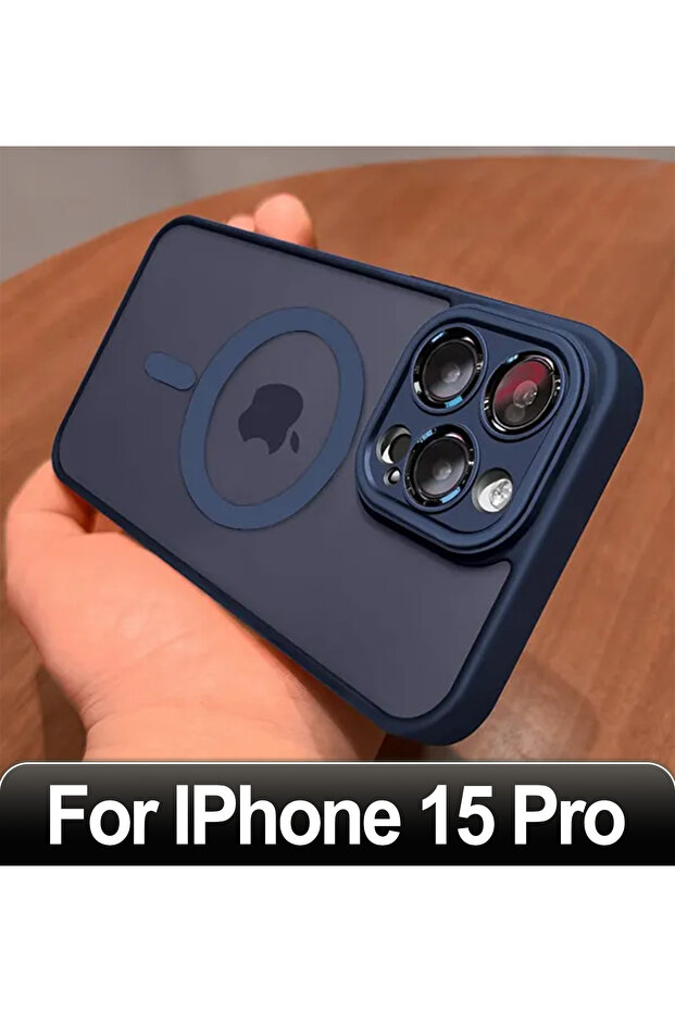 جراب شحن لاسلكي مغناطيسي مقاوم للصدمات صلب لهاتف iPhone 15 Pro أزرق داكن غير لامع